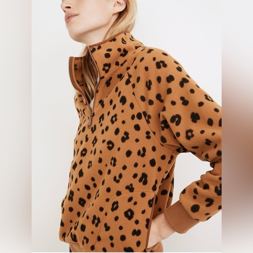 Madewell Better Fleece Womens Half Zip Sweatshirt Long Sleeve Cheetah Print Sz S - Picture 3 of 11